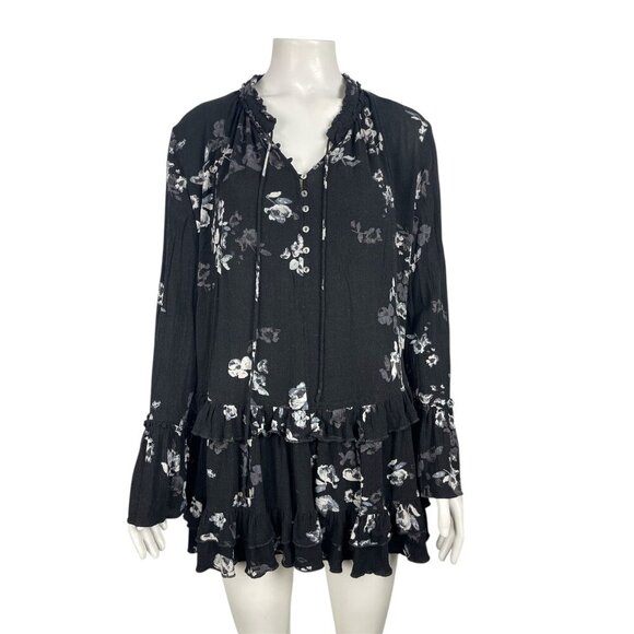 Free People Clover Field Tunic Mini Dress Medium Black Floral Ruffle Long Sleeve - Picture 2 of 7